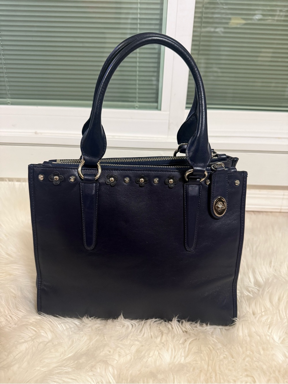 Coach Navy Leather Top-Handle Satchel - Picture 5 of 9